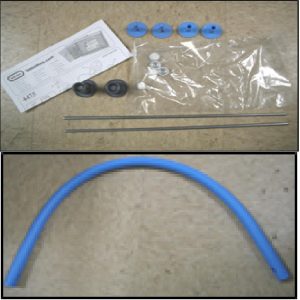 Handle. 2 inside & 2 outside handle fasteners. small capnut tool. 2 axles 1/4 in. x 13 3/4 in.. instructions. and 5 white capnuts 1/4 in