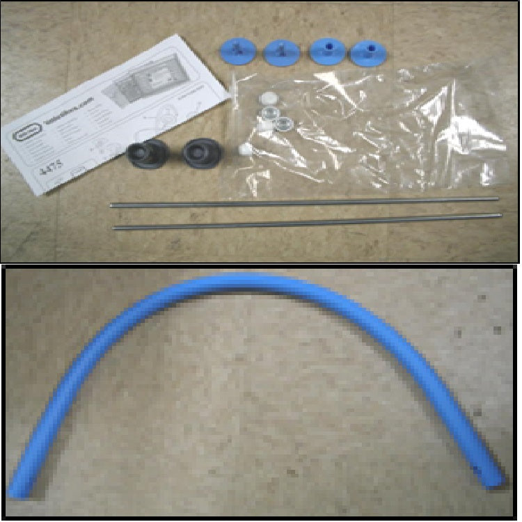Handle. 2 inside & 2 outside handle fasteners. small capnut tool. 2 axles 1/4 in. x 13 3/4 in.. instructions. and 5 white capnuts 1/4 in