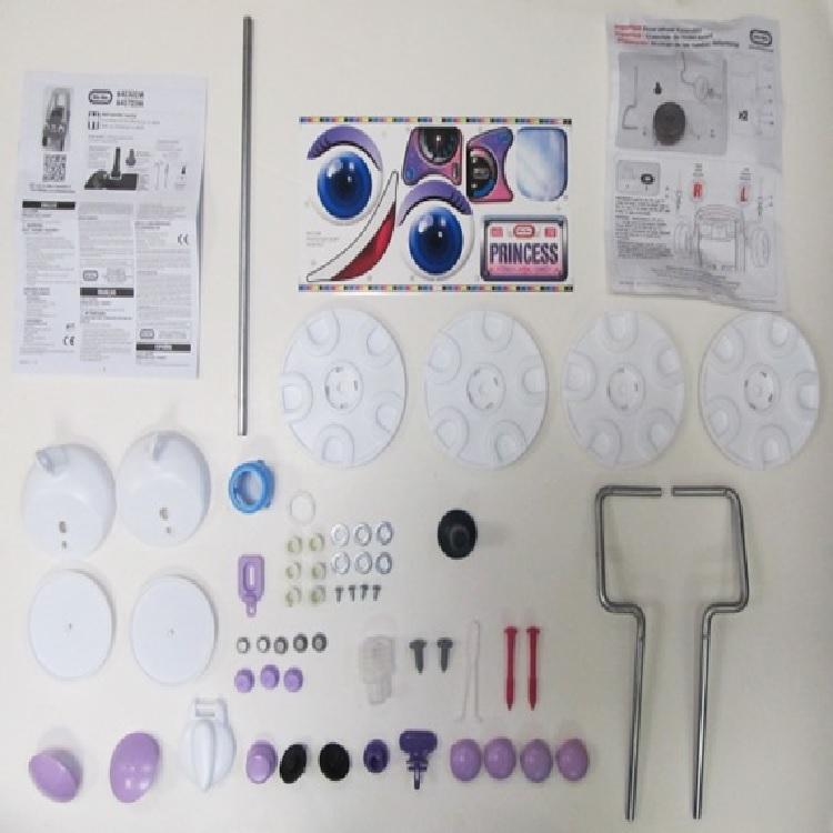 Hardware Pack: Gas Cap Lid. Screws. Bushing (T). Washer (S). Steering Wheel O-Ring(G).HubCap White (P). Tophat Tool. WireForm Left/Right. Horn Bellows(H-3). Retaning Clip(E). Fasteners. Center Cap Lavender (Q). Capnut Lavender (W). TopHat(U). Latch Lavend