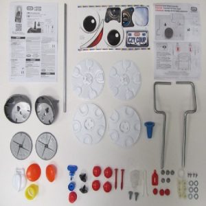 Hardware Pack Complete: Gas Cap Lid. Screw NO. 8 (4). Bushing Wire Form (6). Washer (6). Steering Wheel O-Ring. Hubcap White (4). Tophat Tool. Wireform Left/Right. Steering Wheel Retaining Clip. Fastener Sliver (2)