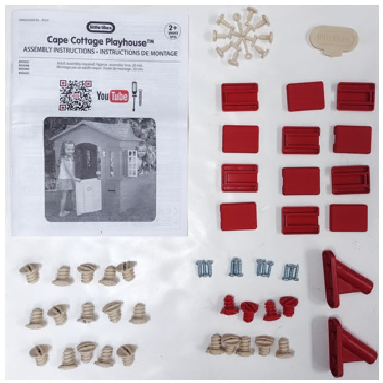HARDWARE PACK: Tan Fastener. spacer Tan. Runner Tan. Plastic Screws Tan/Red. Screw (h). Screw G (24). Roof Lock. Flag Post. Tool. Pan Head Screws. Screws J (8)
